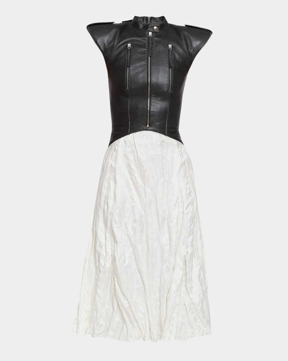 Athena Strong-Shoulder Leather Fit-&-Flare Dress
